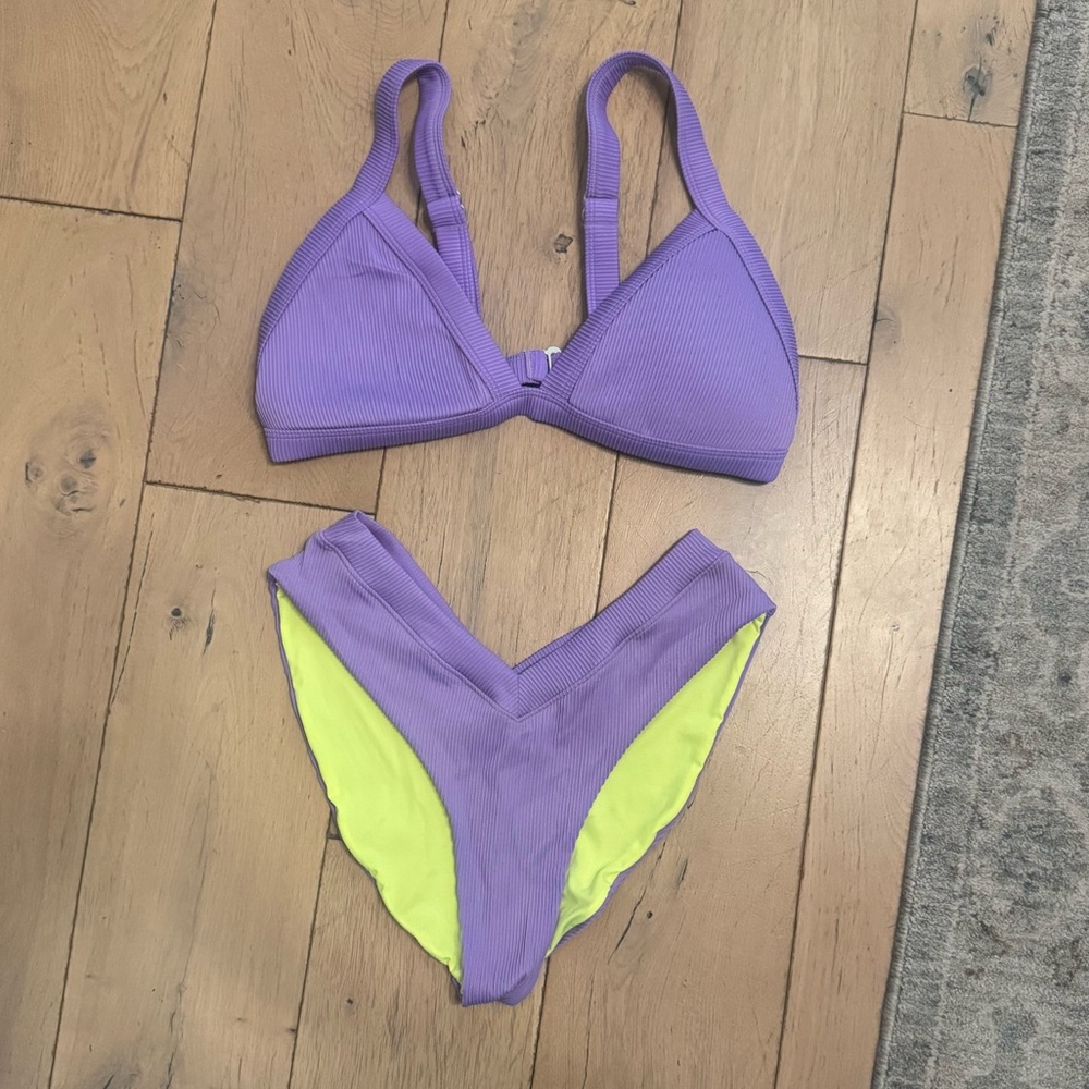 OneOne Lilac Ribbed Bikini Set with Neon Yellow Lining